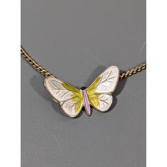 Vintage White Green Enamel Butterfly Pendant Necklace Gold tone 16" - Picture 3 of 9